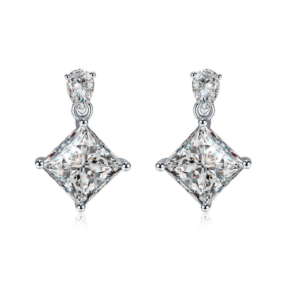 S925 Sterling Silver Princess Cut Drop Earrings, 1ct D-VVS1 Moissanite With Teardrop Top, Platinum Plated 1.7g Jewelry Gift Box