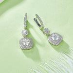 S925 Sterling Silver Cushion Double Halo Drop Earrings, 1ct D-VVS1 Moissanite, Platinum Plated 6.6g Women's Jewelry Gift Box