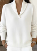 Fashionable Solid-color V-neck Long-sleeve Loose-fit Pullover