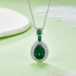 S925 Sterling Silver Lab-Grown Ruby Emerald Necklace, 13x9mm Pear Double Halo Pendant, Platinum Plated 40&45cm Chain, 5.8g Women's Gift Box