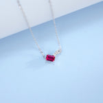 S925 Sterling Silver Geometric Necklace, 6x4mm Lab-Grown Ruby & Emerald, Platinum Plated Minimalist Chain, 2g Women's Jewelry Gift Box