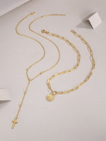 S925 Silver Gold Plated Layered Necklace, Paperclip Coin & Cross Y-Drop, 0.1ct D-VVS1 Moissanite, 14.4g Jewelry Gift Box