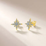 S925 Sterling Silver Star Stud Earrings, D-VVS1 Moissanite 4-Point Star Design, Platinum Plated 2.3g Elegant Jewelry Gift Box