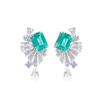 S925 Sterling Silver Art Deco Fan Drop Earrings, 8x6mm Lab-Grown Ruby Emerald Paraiba & Blue Diamond, Platinum Plated 5g Women's Fine Jewelry Gift Box