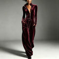Stand-collar Zip-up Deep-V Velvet Jumpsuit