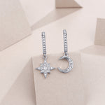 S925 Sterling Silver Star And Moon Huggie Drop Earrings, D-VVS1 Moissanite, Platinum Plated 4.2g Women's Celestial Jewelry Gift Box