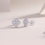 S925 Sterling Silver Clover Stud Earrings, D-VVS1 Moissanite Pave, Platinum Plated 1.2g Women's Jewelry Gift Box