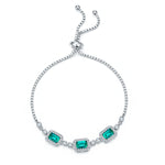 S925 Sterling Silver Adjustable Bolo Bracelet, 6x4mm 3-Stone Lab-Grown Emerald Sapphire Halo, 21cm Platinum Plated 6.2g Women's Jewelry Gift Box