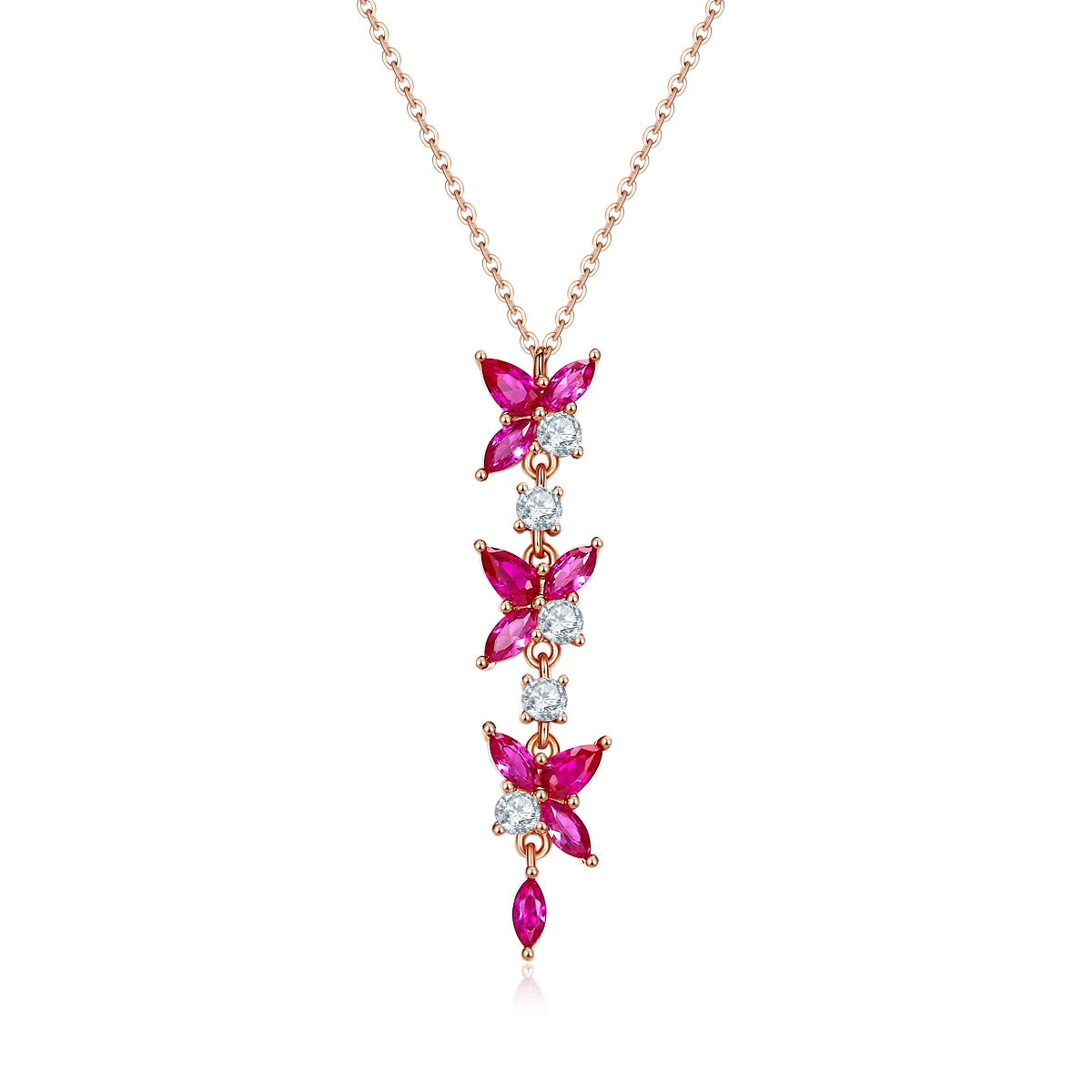 S925 Sterling Silver Y Drop Necklace, 5x3mm Lab-Grown Ruby Flower Dangle, Platinum Plated 3.7g Women's Elegant Jewelry Gift Box