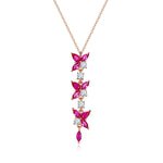 S925 Sterling Silver Y Drop Necklace, 5x3mm Lab-Grown Ruby Flower Dangle, Platinum Plated 3.7g Women's Elegant Jewelry Gift Box