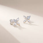 S925 Sterling Silver Four Leaf Stud Earrings, D-VVS1 Moissanite Pave Petal, Platinum Plated 2.1g Elegant Women's Jewelry Gift Box