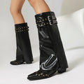 Rivet Chunky Heel Belt Buckle Tall Boots Women