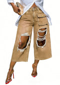 Whitewashed Vintage-style Red Ombre Ripped Raw-edge Wide-leg Capri Pants