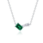 S925 Sterling Silver Geometric Necklace, 6x4mm Lab-Grown Ruby & Emerald, Platinum Plated Minimalist Chain, 2g Women's Jewelry Gift Box