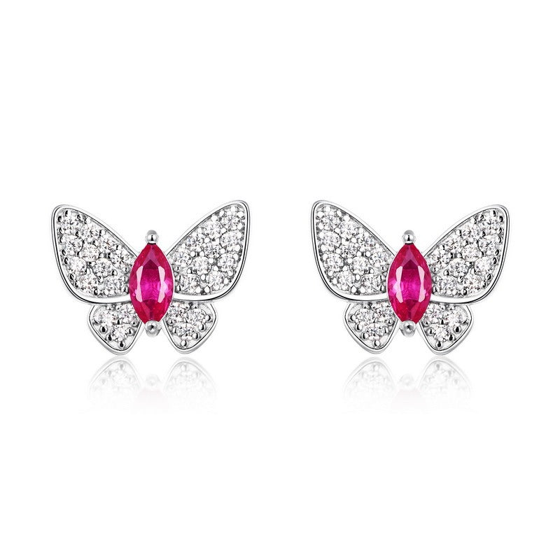 S925 Sterling Silver Butterfly Stud Earrings, 5x2.5mm Marquise Lab-Grown Ruby Sapphire Emerald, Platinum Plated 1.7g Fine Jewelry Gift Box