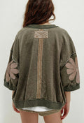 Mineral Water-washed Frayed Edge Pieced Flower Pattern Three-quarter Sleeve Loose Top
