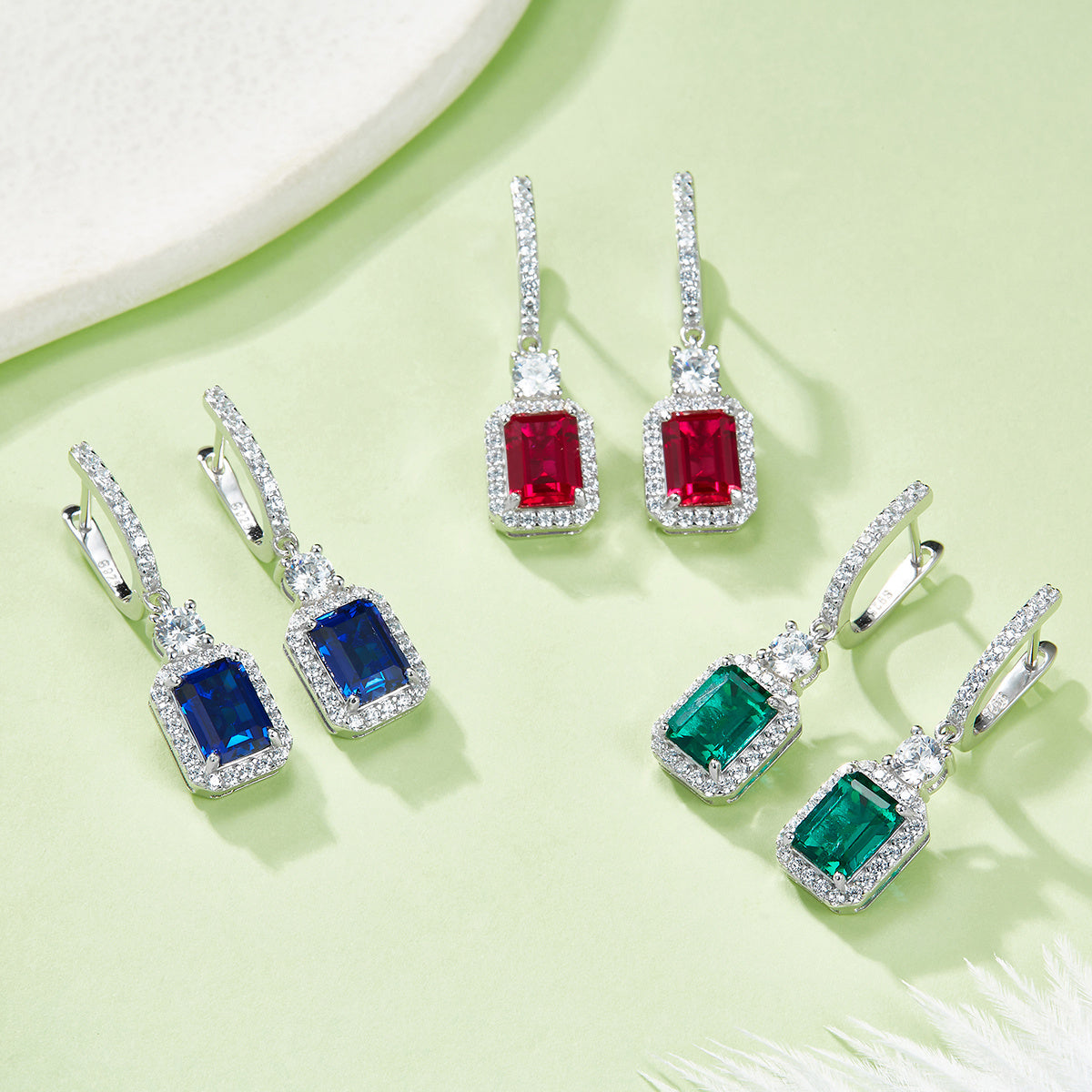 S925 Sterling Silver Lab-Grown Emerald Cut Drop Earrings, 6x8mm 6ct Ruby Sapphire Emerald, Platinum Plated 5.2g Women's Jewelry Gift Box