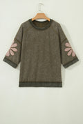 Mineral Water-washed Frayed Edge Pieced Flower Pattern Three-quarter Sleeve Loose Top