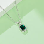 S925 Sterling Silver Emerald Cut Lab-Grown Emerald Pendant Necklace, Halo Setting, Platinum Plated 1.2g, Women's Jewelry Gift Box