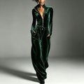 Stand-collar Zip-up Deep-V Velvet Jumpsuit