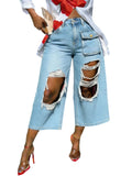 Whitewashed Vintage-style Red Ombre Ripped Raw-edge Wide-leg Capri Pants