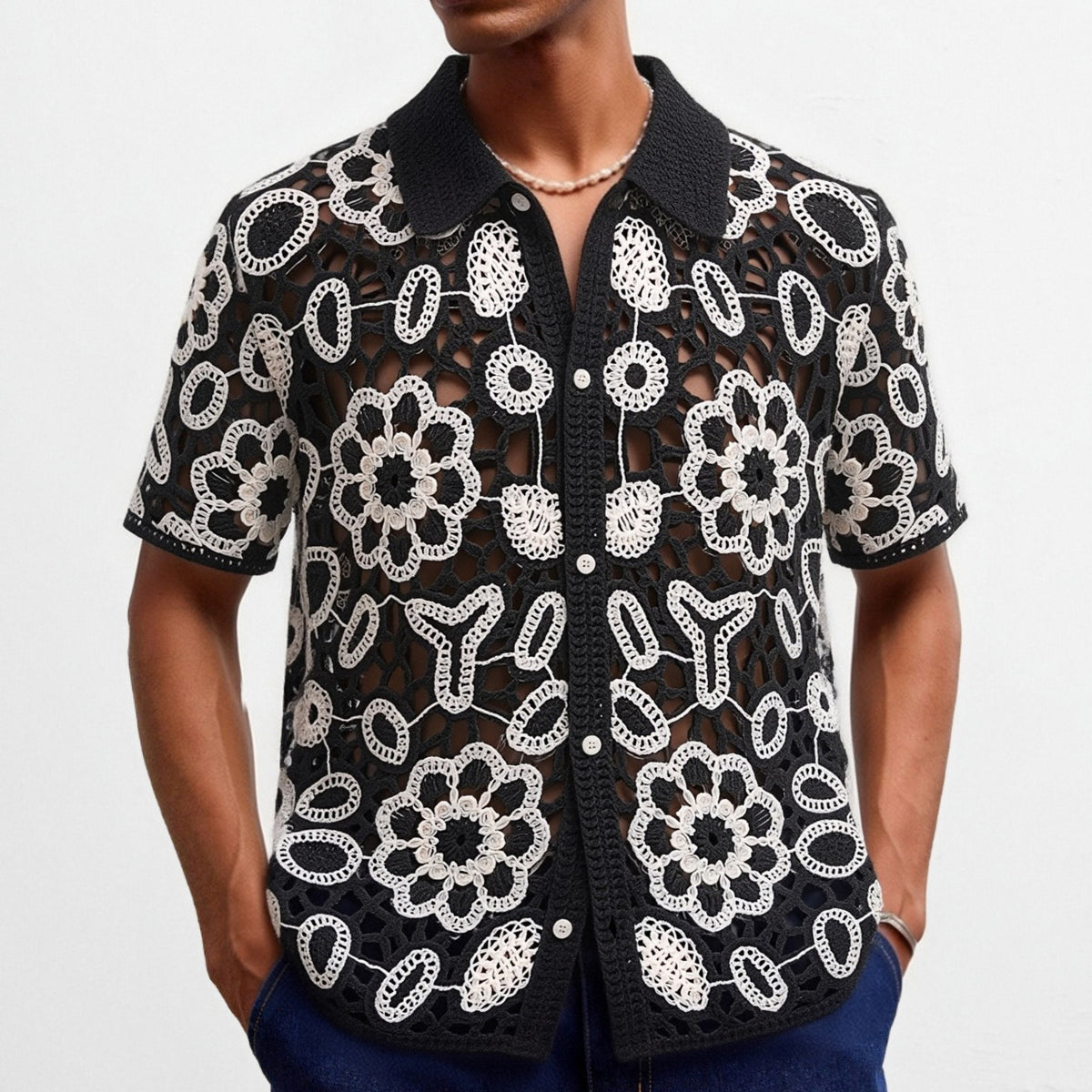 Floral Crochet Hollow-out Short-sleeved Knit Top