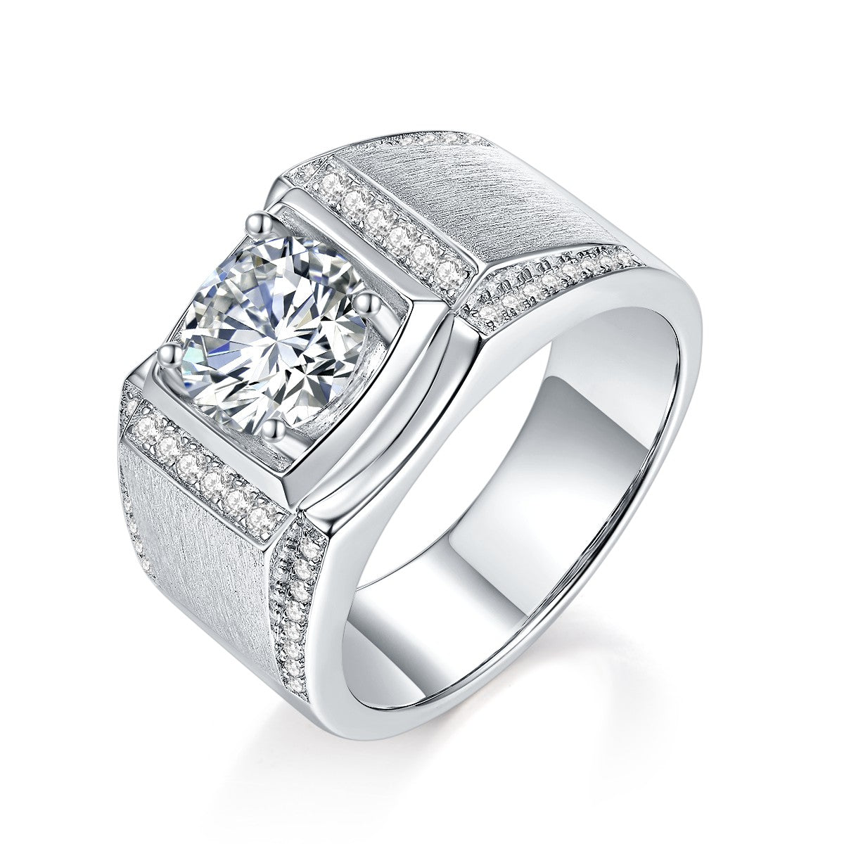 S925 Sterling Silver Men's Wide Band Moissanite Ring, 1&2ct D-VVS1 Brushed Finish With Pave Accents, Platinum Plated US Sizes 5-9, GRA Certificate Gift Box