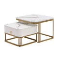 Nestable Coffee Table High Gloss Marble Exterior, Gold Accents, Side Table With Drawer. Set Of Two