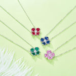 S925 Sterling Silver Clover Necklace, 2.6ct Lab-Grown Ruby Sapphire Emerald Padparadscha, Platinum Plated 45cm, 4.3g Gift Box