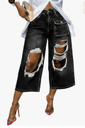 Whitewashed Vintage-style Red Ombre Ripped Raw-edge Wide-leg Capri Pants