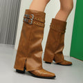 Rivet Chunky Heel Belt Buckle Tall Boots Women