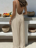 Womens Backless Drawstring Loose Strap Wide-leg Jumpsuit