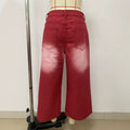 Whitewashed Vintage-style Red Ombre Ripped Raw-edge Wide-leg Capri Pants