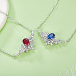 S925 Sterling Silver Lab-Grown Ruby Sapphire Necklace, 8x6mm Oval With Marquise Cluster, Platinum Plated 40&45cm Chain, 5g, Gift Box