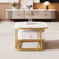 Nestable Coffee Table High Gloss Marble Exterior, Gold Accents, Side Table With Drawer. Set Of Two