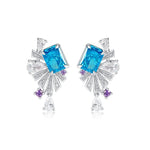 S925 Sterling Silver Art Deco Fan Drop Earrings, 8x6mm Lab-Grown Ruby Emerald Paraiba & Blue Diamond, Platinum Plated 5g Women's Fine Jewelry Gift Box