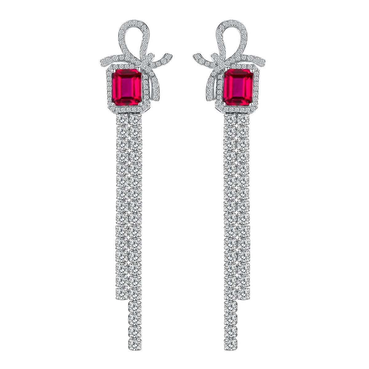S925 Sterling Silver Bow Tassel Dangle Earrings, 8x6mm Lab-Grown Ruby & Emerald, Platinum Plated 8.1g Women's Luxury Jewelry Gift Box