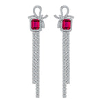 S925 Sterling Silver Bow Tassel Dangle Earrings, 8x6mm Lab-Grown Ruby & Emerald, Platinum Plated 8.1g Women's Luxury Jewelry Gift Box