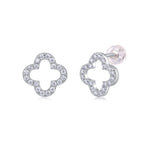 S925 Sterling Silver Open Clover Stud Earrings, D-VVS1 Moissanite Pave Outline, Platinum Plated 1.6g Women's Jewelry Gift Box