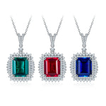 S925 Sterling Silver 10x12mm Lab-Grown Ruby Sapphire Emerald Halo Pendant Necklace, Platinum Plated 40&45cm Chain, 5.5g Women's Jewelry Gift Box